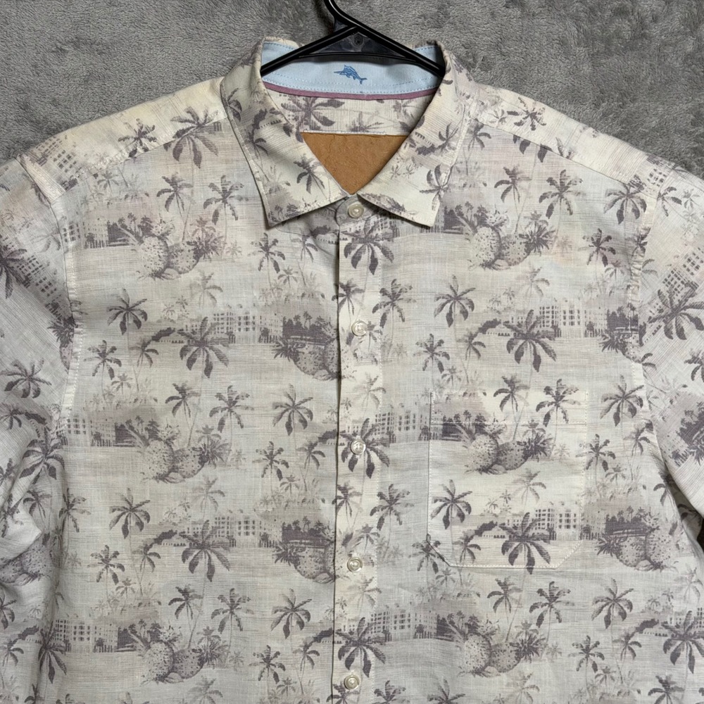 Tommy Bahama Shirt Mens Large Cream White Palm Tree Print Linen Casual Resort